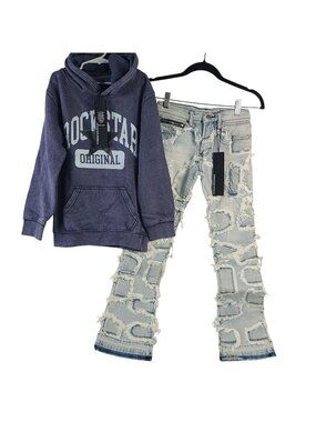 NEW Rockstar Original Hoodie & Distressed Denim Jeans Sz 8 Blue & Light Wash